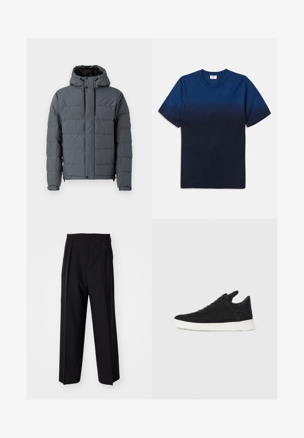 Šedá zateplená bunda s kapucňou, s prešitým dizajnom, elastickými manžetami a zipsovými bočnými vreckami, vyrobená z syntetického materiálu.; Námornícky modré bavlnené tričko s okrúhlym výstrihom, krátkymi rukávmi a jemným gradientovým dizajnom, ktorý prechádza z svetlejších odtieňov do tmavších.; Čierne skladané nohavice s rovnom, širokým strihom. Vyrobené z hladkého materiálu, s gombíkovým zapínaním a pútkami na opasok.; čierne semišové tenisky s bielou gumovou podrážkou, s tonálnym prešívaním a šnurovaním. Hladká textúra s moderným, zjednodušeným tvarom.