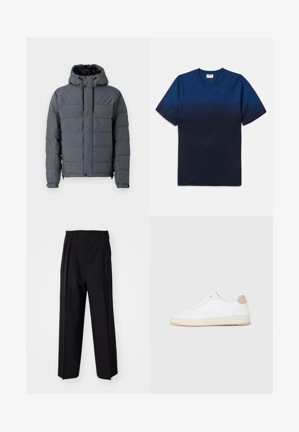 Gray puffer jacket with a hood, featuring a quilted design, elastic cuffs, and zippered side pockets, made from synthetic material.; Navy blue cotton t-shirt with a round neck, short sleeves, and a subtle gradient design transitioning from lighter to darker shades.; Black pleated trousers with a straight, wide-leg design. Made from smooth fabric, featuring a button closure and belt loops.; White low-top sneakers with a textured leather upper, cream ridged sole, and a tan heel accent. Features white laces and logo detail on heel.