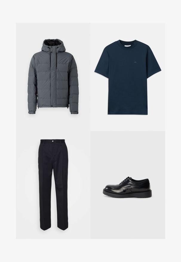 Gray puffer jacket with a hood, featuring a quilted design, elastic cuffs, and zippered side pockets, made from synthetic material.; Navy blue cotton t-shirt with a crew neck, short sleeves, and a subtle logo printed on the chest. Smooth texture and classic fit.; Black tailored trousers with a straight-leg design, made of smooth fabric, featuring a front button closure and two side pockets.; Black leather lace-up shoe with a rounded toe, smooth surface, and a thick rubber sole featuring subtle grooves for traction.