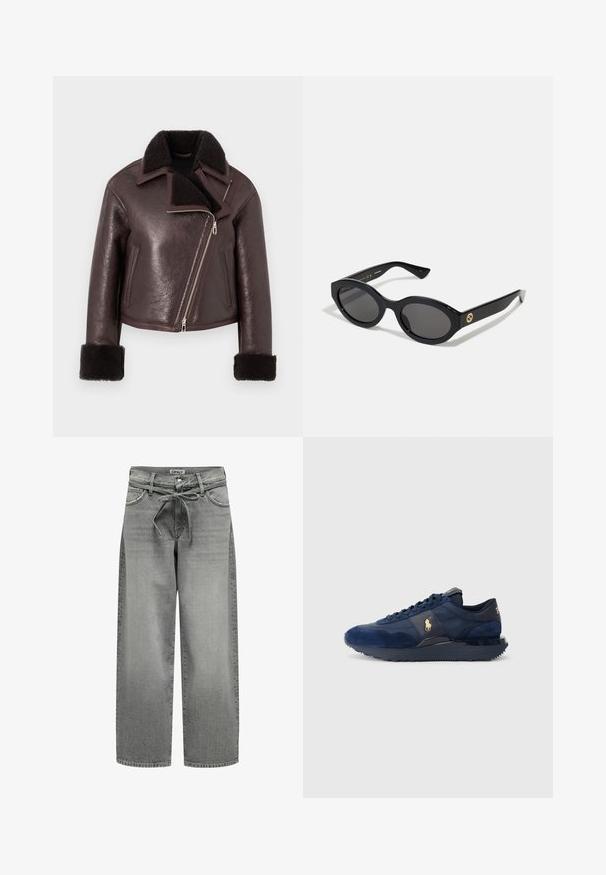 Rjava usnjena jakna s kratkimi rokavi in umetnim krznom okoli ovratnika, zadrgo in ovitki iz ovčje kože. Ima asimetrično oblikovanje in teksturiran videz.; Črn dolg rokav vrh z odprtim ovratnikom, gladek material, prilegajoča zasnova in brezšiv končni del. Preprost in minimalističen stil.; Sive široke delovne jeans hlače z elastičnim pasom in sprednjima žepoma. Tkanina ima rahlo teksturo in blago opaljen videz.; Temno modri atletski čevlji iz semiša in mrežastega materiala, s gumijastim podplatom, vezalkami in z zlatim logotipom.; Črne ovalne sončna očala s temnimi lečami in sijočim plastičnim okvirjem. Imajo zlat logo na robu, kar ponuja eleganten in sodoben oblikovalski pristop.