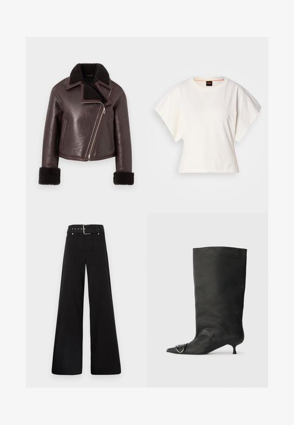 Pruunist nahast lühike jope kunstkarusnahkadega krae, lukuga kinnitamine ja lambanahast mansetid. Omab asümmeetrilist disaini ja tekstuurset viimistlust.; Valge lühikeste laiadte varrukatega lühike T-särk, pehme puuvillane materjal, ümar kaelus kergelt oranži ääristusega, minimaalne disain, ilma mustrite ja graafikateta.; Mustad laiad mustad püksid, mis on valmistatud puuvillast, kõrge vöökoha, suurte küljetaskute ja kumerate rihmadega, kus on hõbedased detailid.; Must musta põlve kõrgune saapakäik terava nina, väike konts ja metallist aktsentdetail nina peal. Ühtlane, matt tekstuur kogu ulatuses.