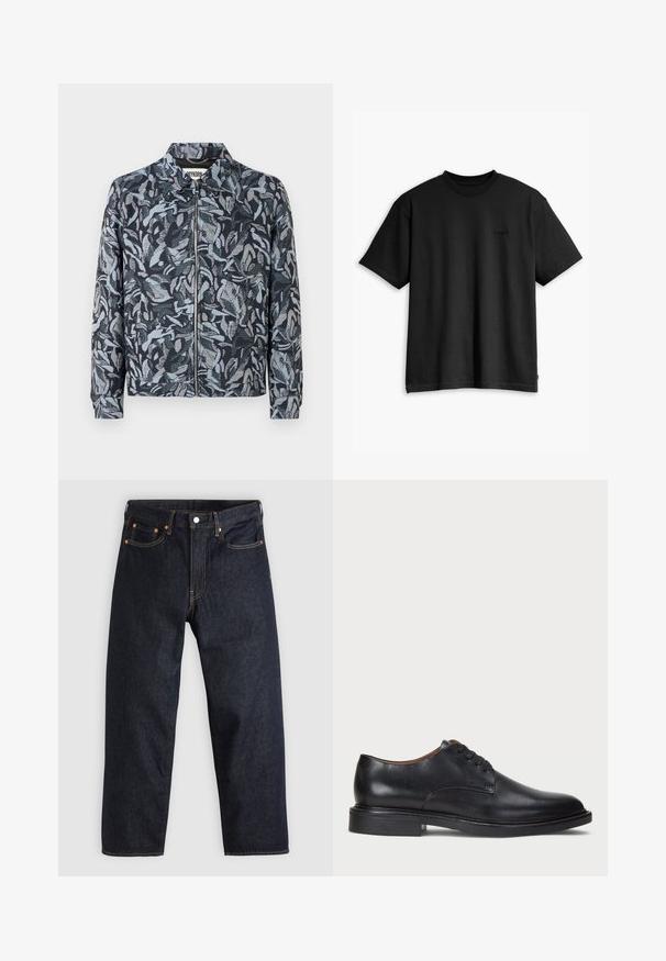 Textured jacket with a dark background, featuring a blue and gray leafy pattern, front zipper, and a classic collar design.; Black cotton t-shirt with a crew neck and short sleeves. Features a subtle front logo and a straight hemline. Simple and minimalistic design.; Dark blue denim jeans with a straight cut, five pockets, contrasting orange stitching, and a button fly. No visible patterns or embellishments.; Black leather dress shoe with a round toe, lace-up design, and a low stacked heel. Smooth texture with minimal stitching details.