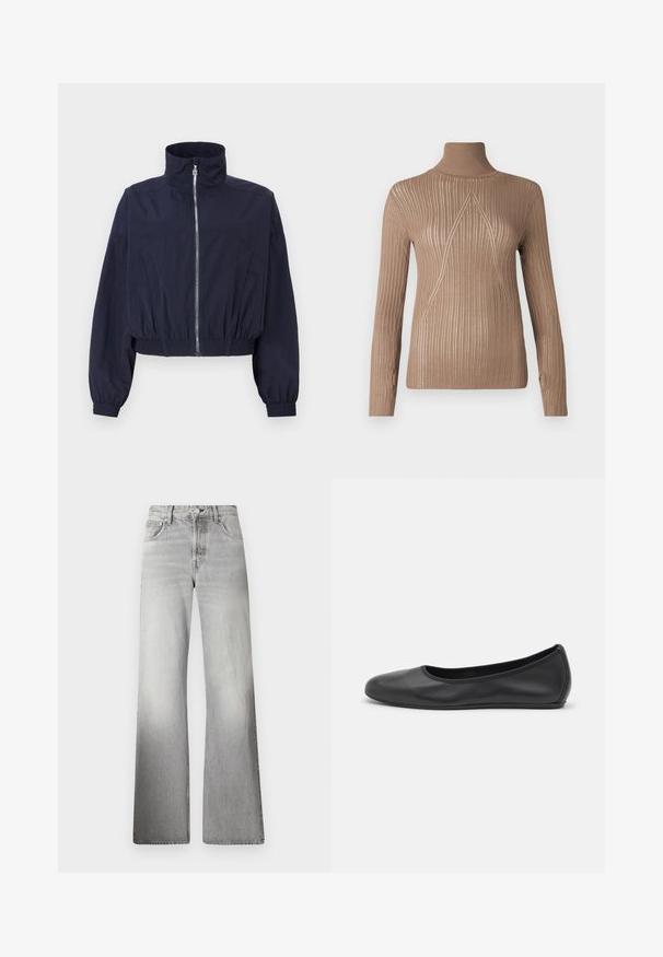 Tumes kropitud jakki, millel on kõrge krae, eesneelusukk, elastne vöökoht ja voltitud varrukad, valmistatud kergest, tekstuuriga kangast.; Bež turtleneck-sviiter ribakate tekstuuriga pikkade varrukatega, mille esiosal on kolmnurkne õmblusmustrit lisaks detailidena.; Halli denim laiad püksid kõrge vöökohaga, pleekinud tekstuuriga, viie taskuga ning tõmblukuga, millel on nööbikinnitus.; Musthave mustika tantsutossud mustast nahast, ümmarguse varbaga, siledast tekstuurist, minimaalse õmblusdetailiga ja paindliku tallakujundusega.