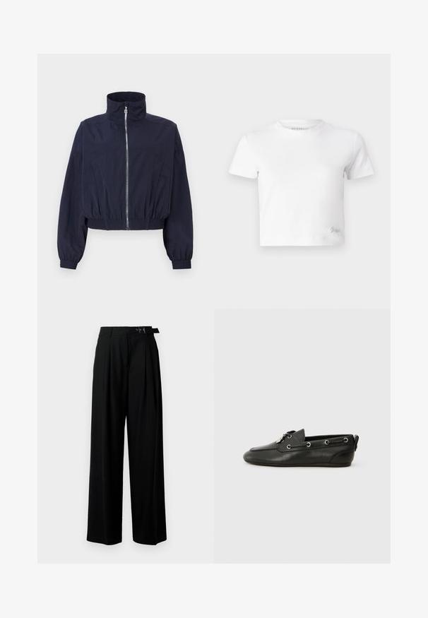 Mornarska skraćena jakna, s visokom ovratnikom, prednjim patentnim zatvaračem, elastičnom strukom i nabranim rukavima, izrađena od lagane, teksturirane tkanine.; Bijela skraćena majica izrađena od glatkog pamuka, s visokim izrezom i kratkim rukavima. Mali izvezeni logo u donjem kutu.; Crne široke hlače s visokim strukom, nabranima sprijeda i remenom s kopčom. Izrađene od glatkog, laganog materijala.; Crne kožne brodske cipele s zaobljenim vrhom, vezanjem sprijeda, metalnim očicama i ravnim potplatima. Imaju mali ekscentar straga.