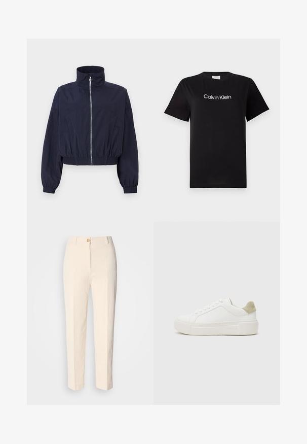 Marineblaues kurzes Jacket mit hohem Kragen, Frontreißverschluss, elastischem Bund und gerafften Ärmeln, aus leichtem, strukturiertem Stoff gefertigt.; Schwarzes Baumwoll-T-Shirt mit kurzen Ärmeln, mit einem weißen Logo "Calvin Klein", das quer über die Brust gedruckt ist. Klassisches Rundhalsausschnitt-Design.; Cremfarbene, hochtaillierte Hose aus strukturiertem Stoff. Mit einem Knopfverschluss vorne und schmal zulaufenden Beinen.; Weißer Sneaker mit einem Obermaterial aus glattem Leder, hellgrauem Wildlederbesatz an der Ferse und einer klobigen weißen Gummisohle. Mit Schnürdesign.