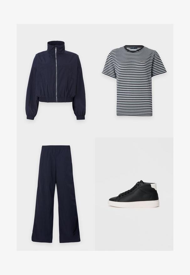 Chaqueta corta de color navy, con cuello alto, cremallera frontal, cinturilla elástica y mangas fruncidas, hecha de un tejido ligero y texturado.; Camiseta a rayas con rayas horizontales en blanco y negro, cuello redondo y mangas cortas. Fabricada en tela suave y ligera.; Pantalones de pierna ancha en un tono azul marino oscuro, confeccionados con un material ligero de textura suave y una cinturilla elástica para mayor comodidad.; Zapatilla alta negra de cuero suave con suela de goma blanca, que presenta cordones redondos, un collar acolchado y un acento en el talón de color contrastante.