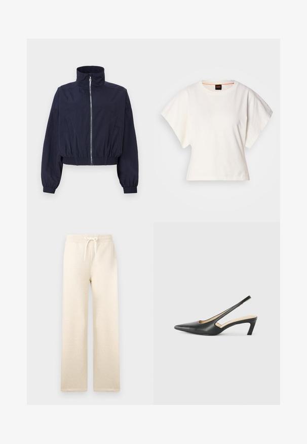 Marineblå kort jakke med høy krage, frontglidelås, elastisk midje og rynkede ermer, laget av lett, strukturert stoff.; Hvit cropped T-skjorte, korte vide ermer, myk bomullsmateriale, rund halslinning med subtilt oransje kantbånd, minimalistisk design, uten mønstre eller grafikk.; Kremfargede joggebukser laget av myk stoff, med elastisk midje og snøring, vide ben og uten synlige mønstre.; Svart spiss tå slingback-sko med lav hæl, laget av jevnt skinnmateriale og med utskåret design på siden for pusteevne.