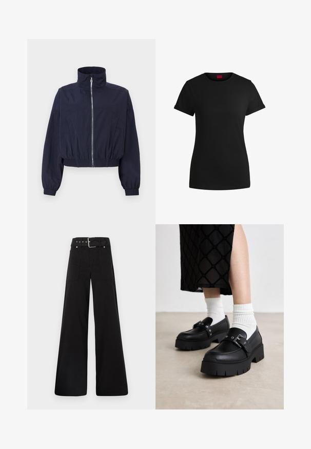Laikku takki syvän merensinisen väri, jossa on korkea kaulus, edessä vetoketju, joustava vyötärö ja kootut hihat, valmistettu kevyestä, teksturoidusta kankaasta.; Mustapaita, jossa on lyhyet käärityt hihat, pyöreä kaula-aukko ja punainen etiketti. Sileä pinta, istuva muoto ja minimaalinen yksityiskohtaisuus.; Mustat leveälahkeiset housut, jotka on valmistettu puuvillasta. Ne ovat korkeavyötäröiset, suuriin sivutaskuihin ja vyön kanssa varustettu, jossa on hopeanväriset yksityiskohdat.; Musta platform loafers, joissa on sileä nahkapinta, varustettuna solk yksityiskohdilla ja niittikoristeilla, yhdessä valkoisten ribbattujen sukkien kanssa.