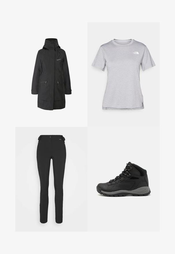 Čierna nepremokavá bunda s vysokým golierom, nastaviteľnou kapucňou, dvoma bočnými vreckami na zips a logom na hrudi. Hladká textúra, priliehavý strih.; Sivý tričko s krátkym rukávom vyrobené z jemného, vlhkosť odvádzajúceho materiálu. Obsahuje okrúhly výstrih a malé biele logo na hornej ľavej strane.; Čierne, priliehavé nohavice vyrobené z flexibilného materiálu. Medzi vlastnosti patrí zipsová bočná vrecko, tvarované kolená a hladký povrch.; Čierna turistická obuv s polovičným strihom, s textúrovaným zvrškom, šedými akcentmi a odolnou gumovou podrážkou s protišmykovými hrebienkami.
