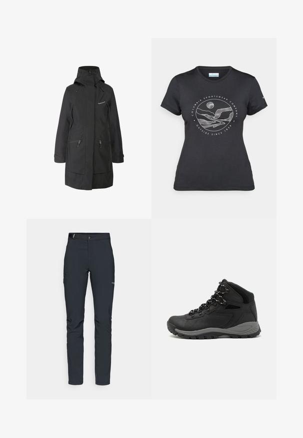 Juoda neperšlampama striukė su aukštu apykakliu, reguliuojamais kapišonu, dviem šoninėmis kišenėmis su užtrauktukais ir logotipu ant krūtinės. Lygi tekstūra, prigludęs fasonas.; Juodas "Columbia" marškinėliai su balta apskrita kalnų ir upės linijų grafika bei tekstu "Columbia Sportswear Company Lauke nuo 1938 metų."; Vyrų lauko kelnės, tamsiai pilkos, pagamintos iš elastingos medžiagos, su diržu, užtrauktukais užtraukiamomis kišenėmis ir sustiprinta siūle.; Juodas žygio botas su vidutinio aukščio dizainu, pasižymintis tekstūruota viršutine dalimi, pilkų akcentų ir patvaria guma padanga su sukibimo gumbais.