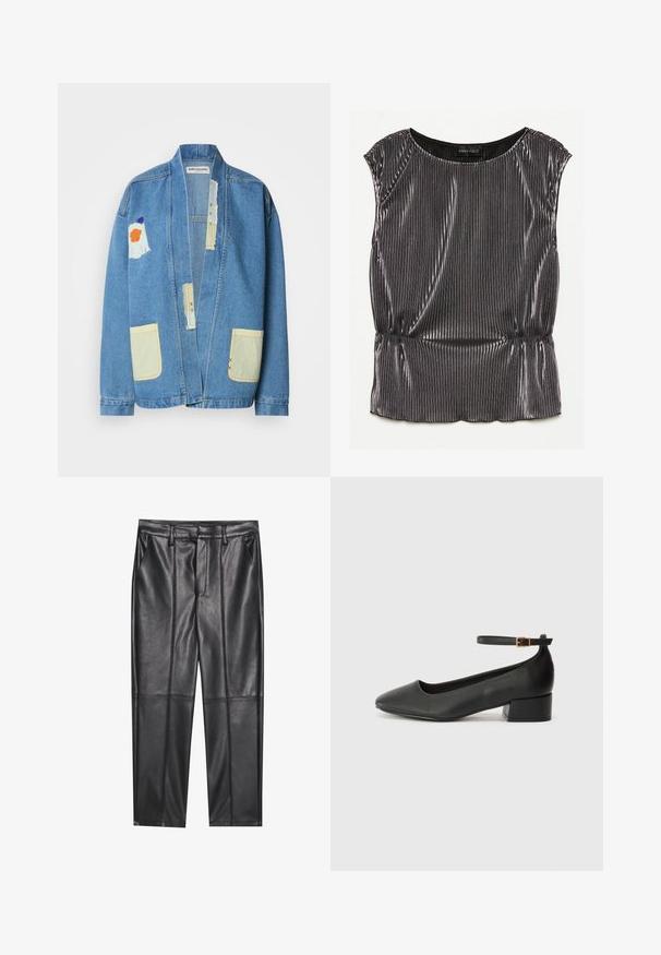 Džínová bunda svetlomodrej farby s voľným strihom, ktorá má žlté vrecká, kombinované látkové záplaty a viditeľné švy.; Metalická čierna bezrukávová blúzka s plisovaným dizajnom, zaobleným výstrihom a zberným lemom. Viditeľná značka "ANNA FIELD" vo vnútri.; Čierne kožené nohavice s hladkou textúrou, rovného strihu, s dvoma prednými vreckami a viditeľným švom.; Čierne kožené lodičky s špicatou špičkou a nízkym blokovým podpätkom. Obsahuje remienok okolo členka so zlatým prackou. Hladký povrch.