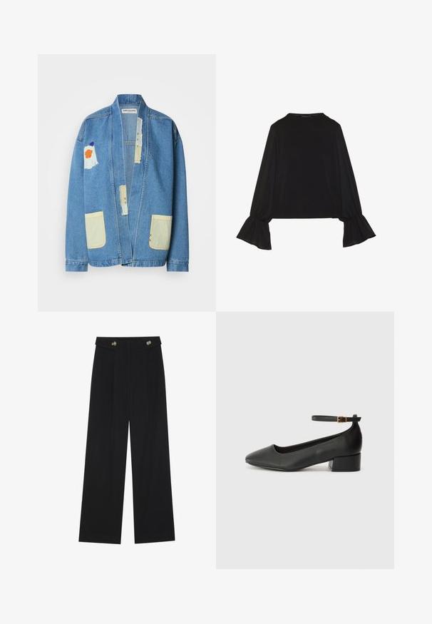 Világoskék farmerdzseki laza szabással, sárga zsebekkel, vegyes anyagú foltokkal és látható varrási részletekkel.; Fekete, hosszú ujjú felső, harang alakú mandzsettákkal, puha textúrával és laza szabással, egyszerű, kerek nyakkivágással.; Fekete, bő szárú nadrág magas derékkal, gombos részletekkel a derékrészen és elülső pliszékkal.; Fekete bőr magassarkú cipő hegyes orral és alacsony tömb sarkal. Bokapánttal rendelkezik, aranyszínű csattal. Simább textúra.