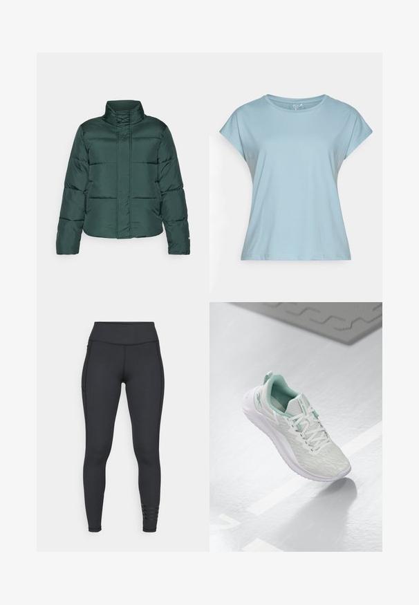 Zelená bundu s páperím, vysokým golierom, predným zipsom a horizontálnym prešívaním. Hladká textúra s kontrastným matným povrchom.; Svetlo modré tričko s krátkym rukávom vyrobené z mäkkej látky. Má okrúhly výstrih, voľný strih a prešité okraje. Bez vzorov alebo ozdôb.; Čierne legíny vyrobené z elastického materiálu, s vysokým pásom, elegantným dizajnom a pruhovanými akcentmi pri členku.; Svetlošedé športové topánky s štruktúrovaným pleteným zvrškom, mätozelenými akcentmi, bielymi šnúrkami, gumovou podrážkou a pútkom na päte.