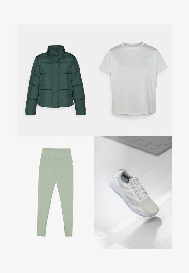 Žalias pūkuotas džemperis su aukšta apykakle, priekiniais užtrauktukais ir horizontaliu siuvinėjimu. Lygus paviršius su kontrastinga matinėmis detalėmis.; Šviesiai pilka trumpomis rankovėmis marškinėliai su tinklelio tekstūra, kuriuose yra mažas mėlynas logotipas viršutinėje kairėje pusėje ir apvalus kraštas.; Mėties žalios spalvos leggingai, pagaminti iš tamprių audinių, turi aukštą juosmenį ir plokščius siūlus, užtikrinančius komfortą ir liekną siluetą.; Baltos sportinės batai su tinkleliu viršuje, paminkštintu liežuvėliu ir baltu guminiu padu. Išskirtiniai akcentai apima šviesiai pilkus detalizavimus ir kilpos juostą.