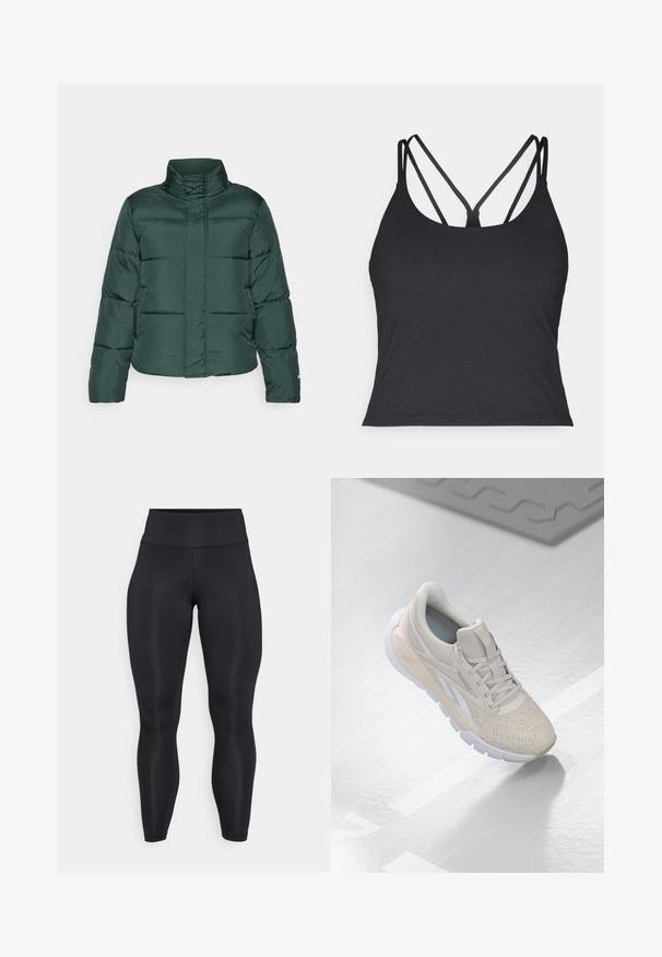 Green puffer jacket with a high collar, front zip closure, and horizontal quilted design. Smooth texture with contrasting matte finish.; Black tank top featuring thin straps with a crisscross design at the back. Made from soft, stretchy material with a fitted silhouette.; Black high-waist full-length leggings with smooth fabric and visible seam details on the front and waistband.; Light beige athletic shoe with a perforated upper, textured accents, padded collar, and white rubber sole, designed for comfort and breathability.