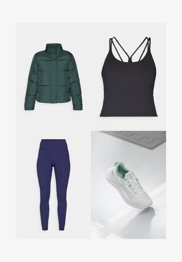 Zöld puffdzseki magas gallérral, elülső cipzárral és vízszintes steppelt kialakítással. Simább textúra, kontrasztos matt felülettel.; Fekete ujjatlan felső vékony pántokkal, hátul keresztbe fonott dizájnnal. Puha, rugalmas anyagból készült, formás szabású.; Tengerészeti magas derekú leggings rugalmas anyagból. Simító varratokkal és testhezálló fazonnal rendelkezik, két oldalsó zsebbel a tárolás érdekében.; Világosszürke sportcipő, texturált kötött felső réteggel, menta zöld kiegészítőkkel, fehér fűzőkkel, gumitalppal és húzófüllel a saroknál.
