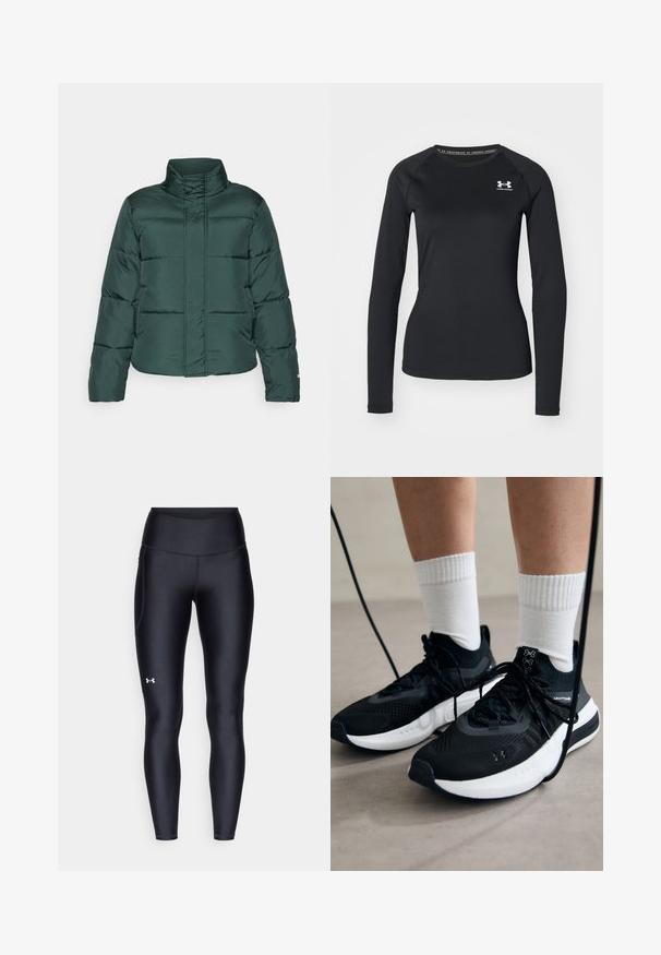 Zeleni napihnjen plašč z visokim ovratnikom, sprednjim zadrgo in horizontalnim prešitjem. Gladka struktura z kontrastnim mat videzom.; Črna dolga športna majica s splošno teksturo, ki ima okroglo izrezovanje in majhen bel znak na levem prsnem delu.; Črne pajkice iz gladkega, elastičnega materiala z visokim pasom. Imajo bel logotip na levem stegnu in oprijet kroj.; Črne športne čevlje z strukturirano tkanino, belo podplatom in črnimi vezalkami. Nosi se z belimi rebrastimi nogavicami, stoje na svetli površini.