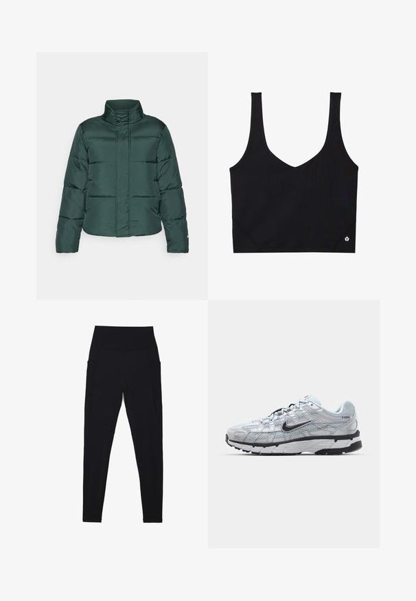 Doudoune verte avec un col montant, fermeture éclair sur le devant et design matelassé horizontal. Texture lisse avec une finition mate contrastante.; Soutien-gorge de sport noir avec des bretelles larges, un design en V, un tissu texturé et un détail de logo à l'ourlet. Fini lisse, style minimaliste.; Leggings noirs en tissu extensible avec une taille haute côtelée. Présente des poches latérales et un design sans couture pour le confort.; Baskets Nike P-6000 avec une tige en mesh gris clair, des accents noirs et une semelle en caoutchouc noir durable. Présente un design complexe et un système de laçage.