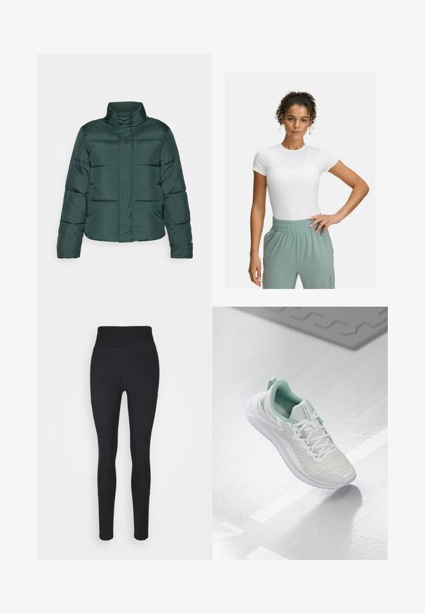 Grüne Pufferjacke mit hohem Kragen, Frontreißverschluss und horizontalem Steppdesign. Glatte Textur mit kontrastierendem matt Finish.; Weißes, körpernahes T-Shirt mit kurzen Ärmeln, kombiniert mit hellgrünen Hosen mit elastischem Bund. Glatte Textur, minimalistisches Design und keine sichtbaren Muster.; Schwarze Leggings aus dehnbarem Stoff, mit einem hohen Bund, gerippten Einsätzen an den Seiten und einem figurbetonten Design, das sich an den Knöcheln verjüngt.; Hellgraue Sportchuhe mit einem strukturierten Strickoberteil, mintgrünen Akzenten, weißen Schnürsenkeln, Gummisohle und einer Schlaufe an der Ferse.