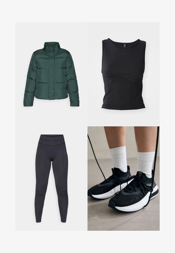 Zielona kurtka puchowa z wysokim kołnierzem, przednim zapięciem na zamek błyskawiczny oraz poziomym pikowaniem. Gładka faktura z kontrastowym matowym wykończeniem.; Czarny bezrękawnik sportowy wykonany z gładkiego materiału, z okrągłym dekoltem i dopasowaną sylwetką, z subtelnym detalem logo.; Czarne legginsy z wysokim elastycznym pasem z napisem "UNDER ARMOUR". Gładka tekstura z subtelnymi wzorami wzdłuż nóg.; Czarne buty sportowe z teksturowanym materiałem, białą podeszwą i czarnymi sznurowadłami. Nosi je osoba w białych skarpetkach w prążki, stojąca na jasnej powierzchni.