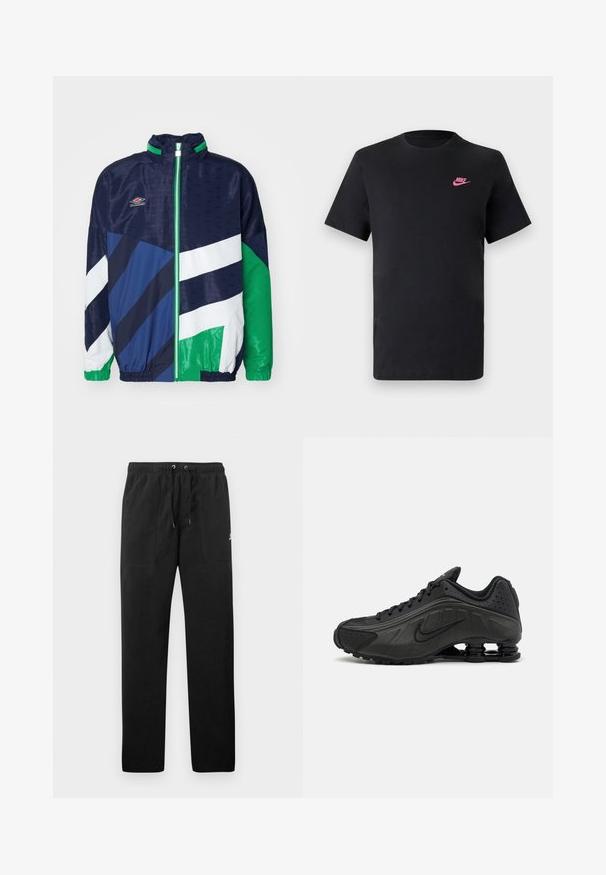 Umbro PANELLED TRACK JACKET - Jakna za treniranje - dark navy/peppermint; Crna pamučna majica s okruglim izrezom i kratkim rukavima. Ima ružičasti Nike logo na gornjoj lijevoj strani. Glatka tekstura.; Crne trenirke od flisa, s elastičnim pojasom i vezicama, dva prednja džepa i mali logo na butini.; Crne trkačke cipele s glatkim sintetičkim gornjim dijelom, perforiranim detaljima, teksturiranim bočnim panelima i karakterističnim elastičnim potplatom.