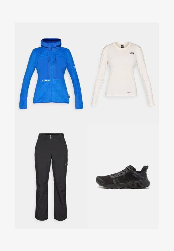 Plava jakna s teksturiranim, materijalom sličnim flisu, s glatkim panelima. Uključuje kapuljaču, zip zatvaranje sprijeda i dva zip džepa na prsima.; The North Face SHADOW LONG SLEEVE - Top dugih rukava - white dune; Crne vanjske hlače ravnog kroja, s kopčanjem na gumb, bočnim džepovima sa zipom i oznakom na lijevom bedru.; Crne trkaće tenisice s teksturiranim mrežastim gornjim dijelom, ojačanim prednjim dijelom i gumenim potplatom. Imaju sustav vezanja i detalje s logotipom na strani.