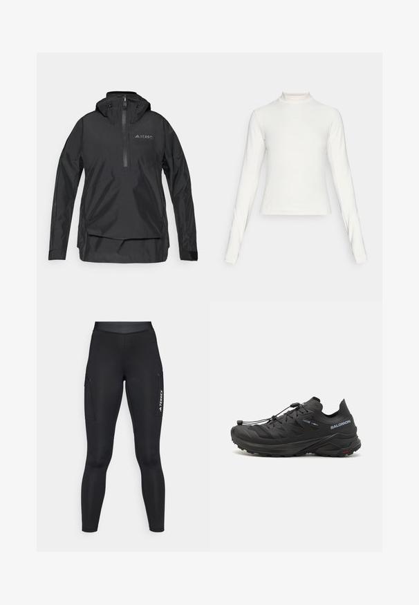 Fekete, könnyű pulóverdzseki magas gallérral, félig cipzárral az elején, állítható kapucnival és logó részlettel a mellkason. Simább, vízálló anyag.; Hosszú ujjú fehér sportfelső, mokk nyakkal és kis középre helyezett logóval a mellkasán, egyszerű háttér előtt.; Fekete sport leggings, testhez simuló kialakítással, rugalmas anyagból. Oldalsó zsebekkel és fehér "TERREX" logóval rendelkezik.; Fekete terepfutó cipők, textúrált felsőrésszel, hálós panelekből és biztonságos rögzítési rendszerből. Robosztus talppal a tapadás érdekében.