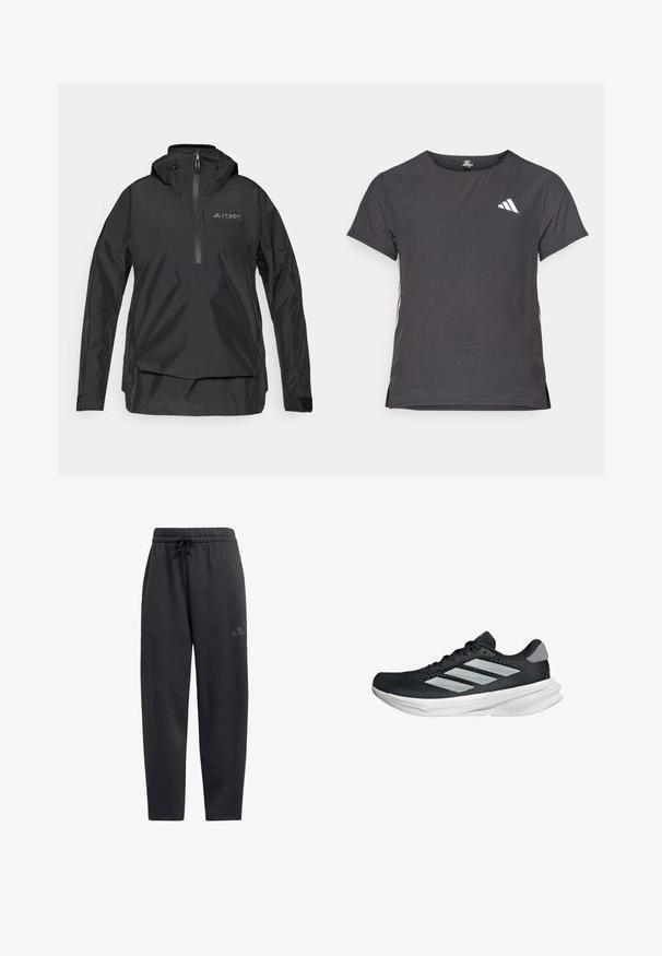 Czarna, lekka bluza z wysokim kołnierzem, z pół-zipem na przodzie, regulowanym kapturem i detalem logo na piersi. Gładki, wodoodporny materiał.; Koszulka sportowa z krótkim rękawem, ciemnoszara z perforowaną teksturą. Posiada białe logo oraz kontrastowe paski po bokach. Okrągły dekolt.; Czarne dresy wykonane z miękkiego materiału, z elastycznym pasem ze sznurkiem, prostymi nogawkami i dyskretnym logo na udzie.; Czarny but biegowy z siateczkowym wierzchem, trzema srebrnymi paskami, białą podeszwą środkową i teksturowaną podeszwą zewnętrzną. Posiada wyściełany kołnierz i zapięcie na sznurówki.