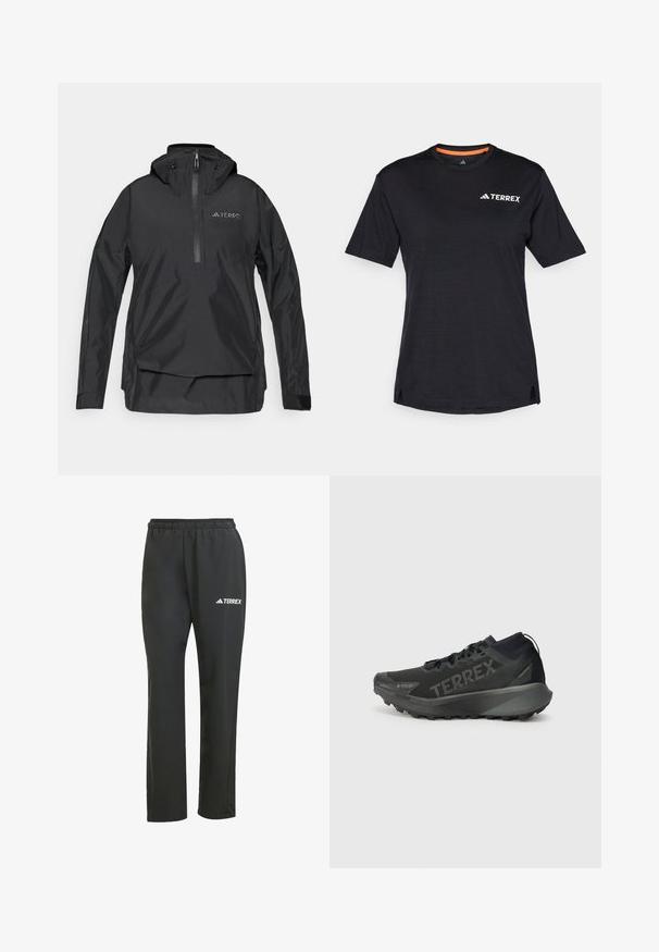 Crna lagana pulover jakna s visokim ovratnikom, polu-zip zatvaranjem sprijeda, podesivom kapuljačom i logom na prsima. Glatki, vodootporni materijal.; Crna majica kratkih rukava s okruglim izrezom, koja ima suptilnu melirani teksturu i bijeli logo "TERREX" na gornjoj lijevoj strani.; Crne lagane hlače s elastičnom trakicom u struku. Imaju suptilan bijeli “TERREX” logo. Glatka tkanina i ravni kroj.; Crne Terrex trkačke cipele s teksturiranim gornjim dijelom, čvrstim potplatom i istaknutim brendiranjem. Imaju jastučen petni dio za podršku i prianjanje.
