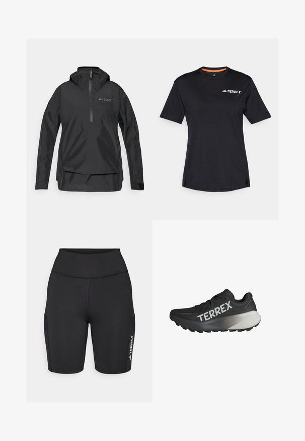 Czarna, lekka bluza z wysokim kołnierzem, z pół-zipem na przodzie, regulowanym kapturem i detalem logo na piersi. Gładki, wodoodporny materiał.; Czarna koszulka krótki rękaw z okrągłym dekoltem, z subtelną teksturą melanżową i białym logo "TERREX" po lewej stronie na górze.; Czarne szorty sportowe wykonane z elastycznego materiału, z wysokim stanem, kieszeniami bocznymi oraz białym logo na jednej nodze.; Czarne buty biegowe z teksturowaną cholewką, wyraźnym białym logo "TERREX", zwężonym kształtem podeszwy oraz gradientowym szarym akcentem na pięcie.