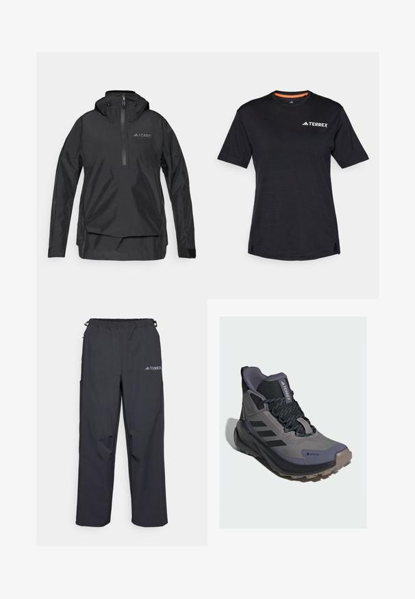Schwarze, leichte Pulloverjacke mit hohem Kragen, halbem Reißverschluss vorne, verstellbare Kapuze und Logodetail auf der Brust. Glattes, wasserfestes Material.; Schwarzes Kurzarm-T-Shirt mit Rundhalsausschnitt, das eine dezente melierte Textur aufweist und ein weißes "TERREX"-Logo auf der oberen linken Seite hat.; Schwarze, leichte Outdoor-Hosen mit elastischem Bund, Seitentaschen und einem Logo am oberen rechten Bein. Glattes, wasserabweisendes Material.; Grau und schwarze Mid-Cut-Wanderschuhe aus Gore-Tex-Material, strukturierte Oberfläche, verstärkte Zehenkappe und robuste Außensohle mit Profilmustern.
