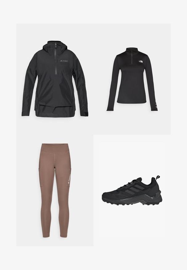 Zwarte lichtgewicht pulloverjack met een hoge kraag, rits aan de voorkant tot de helft, verstelbare capuchon en logo-opdruk op de borst. Glad, waterdicht materiaal.; The North Face FLEX 1/4 ZIP GRAPHIC - Longsleeve - black; Bruine sportleggings met een hoge tailleband, voorzien van zijzakken en een wit logo. Gladde, rekbare stof voor comfort en bewegingsvrijheid.; Zwarte sportieve schoen met een bovenwerk van mesh, drie-strepen ontwerp, gevormde hak en robuuste buitenzool met opvallende gripnoppen.