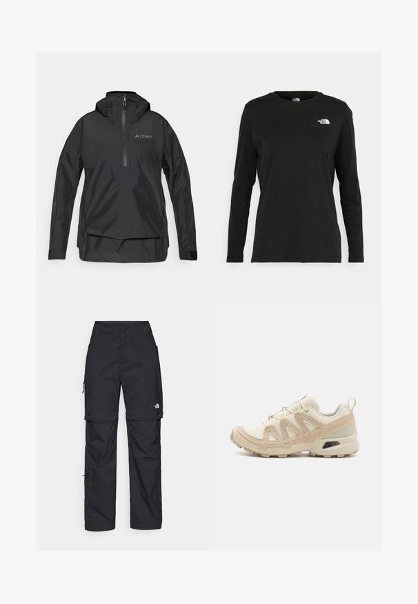 Schwarze, leichte Pulloverjacke mit hohem Kragen, halbem Reißverschluss vorne, verstellbare Kapuze und Logodetail auf der Brust. Glattes, wasserfestes Material.; Schwarzes Langarm-T-Shirt aus Baumwolle mit Rundhalsausschnitt. Verfügt über ein kleines weißes Logo auf der linken Brustseite. Einfaches Design und Passform.; Schwarze Nylon-Zip-Off-Cargohosen mit verstellbaren Bündchen, mehreren Taschen und einem Logo am rechten Bein. Glatte, leichte Textur.; Beige und cremefarbenen Sportschuh mit strukturiertem Mesh-Obermaterial, unterstützenden Überzügen und Gummisohle mit einem Profilmuster für Bodenhaftung.