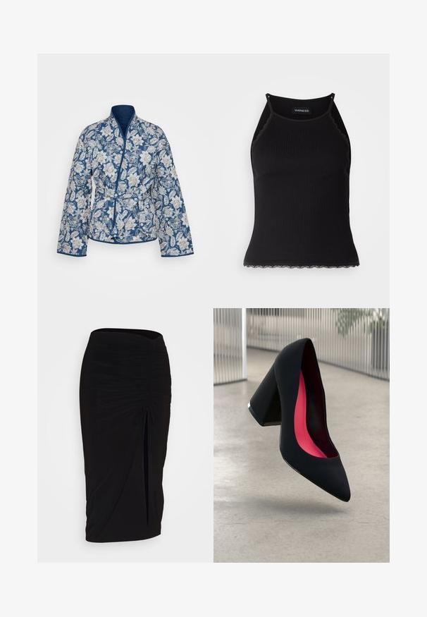 Vero Moda Tall VMJANE REVERSIBLE JACKET - Light jacket - blue/beige; Black ribbed tank top with scalloped lace trim at the hem. Features thin straps and a fitted design. Made from stretchable fabric.; Black, ruched pencil skirt with tie detail and a side slit. Made from a stretchy fabric, featuring a smooth texture and form-fitting design.; Black high heel shoe with a pointed toe, textured surface, and a vibrant pink interior. Features a chunky heel with silver accent.