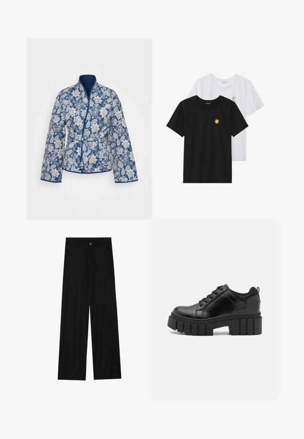 Vero Moda Tall VMJANE REVERSIBLE JACKET - Casaco leve - blue/beige; T-shirts preto e branco, de decote redondo e mangas curtas. A camisa preta apresenta um bordado de sol amarelo; a branca tem um detalhe de lua crescente roxa.; Calças pretas de perna larga feitas de um tecido suave, com bolsos frontais e fecho de botão na cintura. Design minimalista sem padrões.; Sapatos de plataforma em couro preto com um salto bloco robusto, bico redondo e design clássico de atacadores. Apresentam uma textura suave e detalhes mínimos.