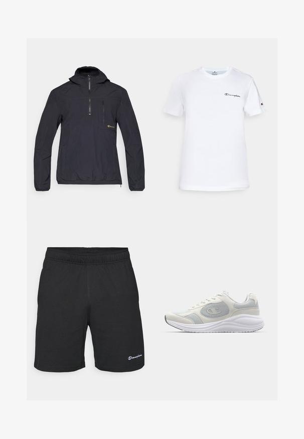 Črn pulover jakna s kapuco, z četrtinskim zadrgo, zadrgo na prsnem žepu, elastičnimi manšeti in ohlapnim fit.; Bela bomba iz bombažne tkanine s krožnim izrezom, kratkimi rokavi in črnim vezenim logotipom "Champion" na prsih in akcentom na rokavu.; Črne športne kratke hlače z elastičnim pasom, narejene iz mehkega materiala, z majhno belo oznako na spodnji levi strani.; Bela športna čevlja z svetlo sivimi detajli, mrežastim in usnjenim materialom, zaobljenim nosom, teksturiranimi podplati in vidno blagovno znamko na strani.