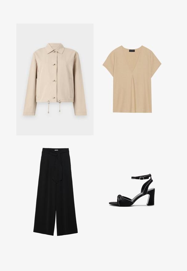 Gaiši brūns viegls jakas ar apkakles kakla izgriezumu, priekšējo pogu aizdari, sānu kabatām un diega vidukļa savilkšanu, kurā ir metāla akcenti.; Bežs tops ar V-veida kakla izgriezumu un īsām piedurknēm. Viegls, teksturēts audums ar centrālo krokām. Vienkāršs, relaksēts dizains.; Melni platleņķa bikses ar teksturētu audumu, elastīgu jostu un noņemamu siksnu viduklī, kas nodrošina regulējamu piegulšanu.; Melnas zamšādas kurpes ar papēdi uz augstiem blokiem, ar regulējamu potītes siksniņu, atvērtu purngali un kontrastējošu izšuvumu.