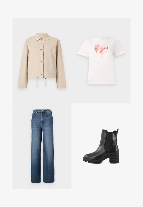Gaiši brūns viegls jakas ar apkakles kakla izgriezumu, priekšējo pogu aizdari, sānu kabatām un diega vidukļa savilkšanu, kurā ir metāla akcenti.; Balts kokvilnas T-krekls ar sirds grafiku rozā un korallēto toņu nokrāsās, centrā ar gracioziem abstraktiem rakstiem. Īsas piedurknes, apaļa kakla izgriezums.; Zilas džinsa bikses ar augstu vidukli un plašu piegriezumu. Iespējas klasiskā piecu kabatu dizaina un metāla pogu detaļas.; Melna ādas potīšu zābaks ar elastīgām pusēm, masīvu teksturētu papēdi un cilpu. Apaļa purngalu un izteikta ribota zole.