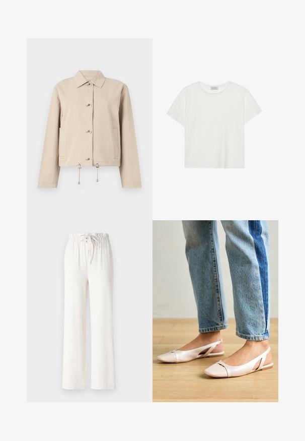 Bežová ľahká bunda s golierom, predným zapínaním na gombíky, bočnými vreckami a sťahovacím spodným okrajom s kovovými akcentmi.; Biele tričko s krátkymi rukávmi vyrobené z jemnej bavlny. Má okrúhly výstrih a voľný strih. Čistý dizajn bez viditeľných vzorov alebo akcentov.; Biele široké nohavice vyrobené z mäkkej tkaniny, s elastickým pásom so šnúrkou a hladkým povrchom. Žiadne vzory ani ozdoby nie sú viditeľné.; Svetloružové slingback baleríny s jemne špicatou špičkou, vyrobené z hladkého materiálu pripomínajúceho kožu. Majú výrezové detaily na stranách a plochý opätok.