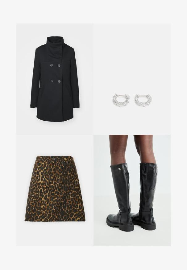 ONLY ONLSEDONA LIFE SOPHIA - Lühike jakk - black; Helehallid lühikeste varrukatega kudum, millel on must-valged lillemustrid, ümmargune kaelus ja soonikkoes mansetid. Pehme tekstuur ja ajatu disain.; Leopardi-prindiga denimsärk, millel on kõrge vöökoht, kaks esikäepidet, kulunud serv ja pruun-must värvilahendus.; Mustad põlvikõrgused mustad nahast saapad, millel on sile tekstuur, ümar varvas, paks põhi ja tõmblukk. Küljel on hõbedane logo.; Hõbedased rõngakõrvarõngad, millel on selged, ristkülikukujulised ja kolmnurkse kujuga kristallid, mis on paigutatud mustriga disaini. Kõrvarõngaid kinnitavad postid, et tagada kindel kinnitamine.