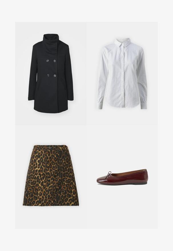 ONLY ONLSEDONA LIFE SOPHIA - Palton scurt - black; Cămașă albă cu nasturi, confecționată din bumbac neted, având un guler clasic, mâneci lungi și un tiv curbat. Nasturii sunt mici și albi.; Fustă din denim cu imprimeu leopard, cu talie înaltă, două buzunare frontale, margine despicată și paletă de culori maro și negru.; Balerini din piele patent burgund cu vârful rotund, accent de fundiță mică în față și talpă joasă din cauciuc negru. Textură netedă.