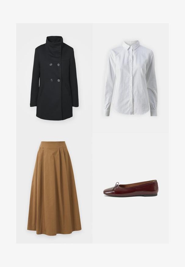 ONLY ONLSEDONA LIFE SOPHIA - Lühike jakk - black; Valge nööpidega särk, mis on valmistatud siledast puuvillast. Särgil on klassikaline krae, pikad varrukad ja kaarduv äär. Nöödid on väikesed ja valged.; Pruun puuvillane A-line seelik kõrge vöökohaga, millel on voldid ees ja sile tekstuur. Pika serva viimistlus on puhas ja lihtne.; Burgundi patendnahk kingad balletitüüpi, ümmarguse ninaosa, ees väike paelaaktsent ja madal must kummist tald. Sile tekstuur.