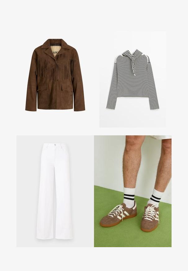 Hnědá semišová bunda s třásňovým designem na hrudníku, dvěma předními kapsami a skládacím límcem. Hladká textura po celém povrchu.; Massimo Dutti STRIPED WITH REMOVABLE BANDANA - Svetr - beige; Bílé volné džíny s vysokým pasem vyrobené z denimové látky, s předním zapínáním na knoflík a čtyřmi kapsami. Hladká textura bez viditelných vzorů.; Hnědé semišové tenisky s bílými akcenty a tkaničkami. Gumová podrážka. Nošeny s bílými ponožkami s černými pruhy. Zelená strukturovaná podlaha.