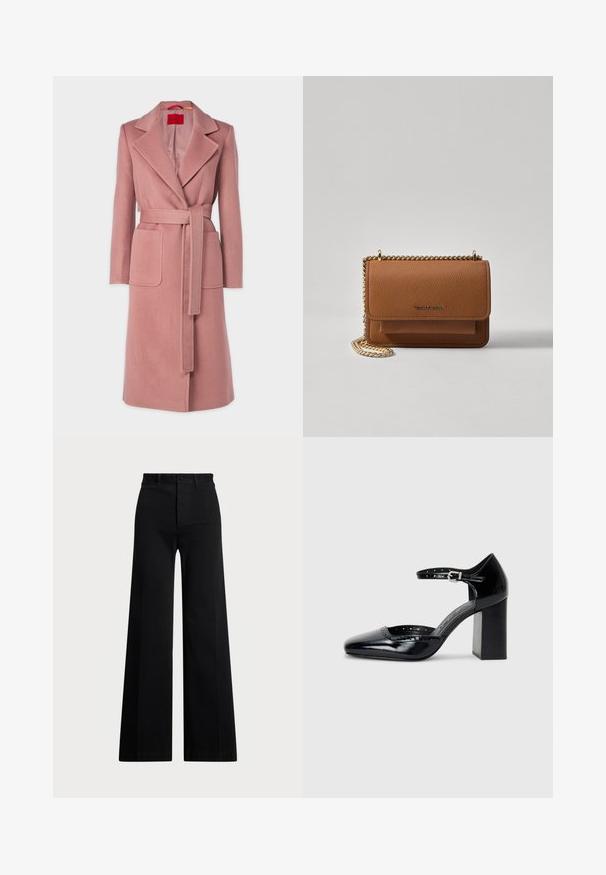 Lång rosa ullblandad kappa med slagkrage, bälte i midjan, två framfickor och en knappstängning. Slät textur.; Vit ärmlös sweater gjord av mjuk bomull, med en ribbad nederkant och en liten marinblå logga på nedersta vänstra delen. Enkelt design, utan mönster.; Svarta breda byxor i vävt tyg, med hög midja, knappstängning fram och sidfickor. Slät textur med rena linjer.; Svarta lackläders högklackade skor med fyrkantig tå, ankelrem och kraftig klack. Inkluderar perforerad detaljering längs kanten.; Brun texturerad läder crossbody-väska med guldkedja och klaffstängning. Framsidan har logotypdetalj och en ficka under klaffen.