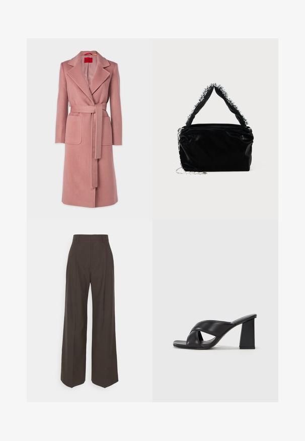 Lång rosa ullblandad kappa med slagkrage, bälte i midjan, två framfickor och en knappstängning. Slät textur.; Vit bomull t-shirt med kort ärm, rund halsringning, avslappnad passform och söm i nederkant. Etikett synlig på insidan av halsen.; Mörkbruna vidbyxor med hög midja, som har fint pressade veck, en slät textur och en skräddarsydd passform.; MAX&Co. SOHO - Sandaletter - schwarz; Svart handväska i konstläder med en strukturerad yta, med en pärlbesatt silverdetalj längs det övre handtaget och ett kedjestropp.