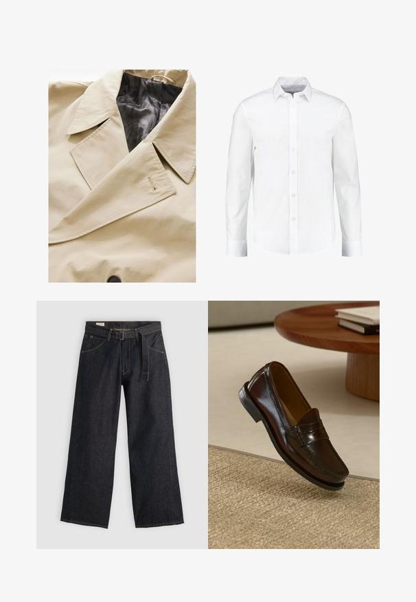 Šviesiai rudas dublis su dideliu apykakle, juodu satino pamušalu ir ryškia mygtukų uždarymo sistema. Įtraukta subtili audinio tekstūros detalė.; Balta ilgomis rankovėmis marškiniai, pagaminti iš lygaus medvilnės. Turi klasikinį apykaklę ir sagčių uždarymą su tiesia apačia.; Tamsaus džinsinio audinio plačių kojų kelnės su dirželiu juosmens srityje, turinčios priekinės kišenes ir kontrastingą siuvinėjimą. Sklandus paviršius su tvarkingu dizainu.; Rudi odiniai loaferiai su blizgiu paviršiumi, su siuvinėjimu priekyje ir žemu juodu guminiu padu.