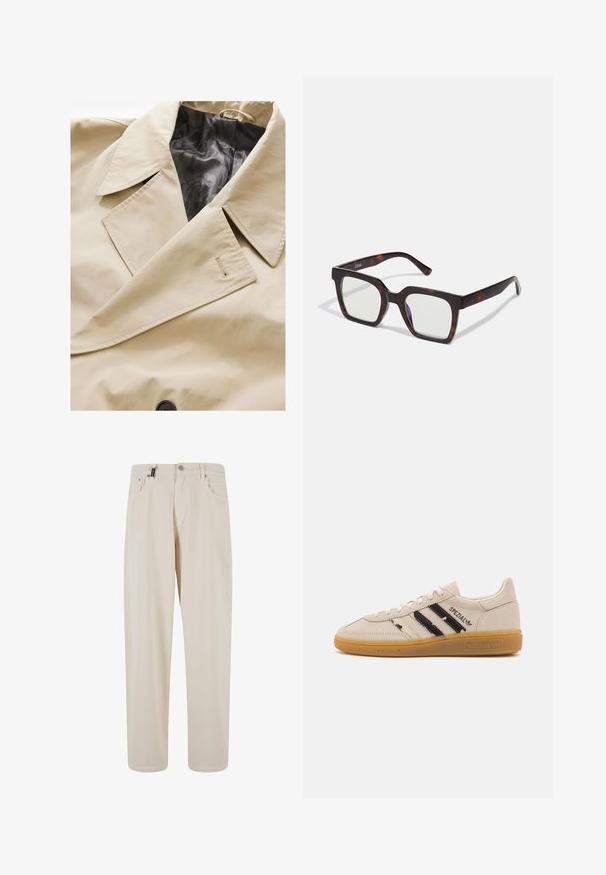 Beige dobbeltradet frakke med en stor krave, sort satinforing og en fremtrædende knaplukning. Indeholder en subtil tekstilstruktur detalje.; Hvid langærmet skjorte med knapper lavet af glat stof. Har en klassisk krave, frontknapper og manchetter med en enkelt knap. Slim fit design.; Beige bomuldsbukser med lige ben, der har forlommer og knaplukning. Glat tekstur med minimal detaljering.; Beige ruskinds sneaker med sorte striber og "Spezial" tekst, har en tekstureret gummisul og klassisk snørebåndsdesign.; Firkantede solbriller med en skildpaddeacetatramme og klare linser. Har brede stænger og en mat finish, der forbedrer den samlede holdbarhed.