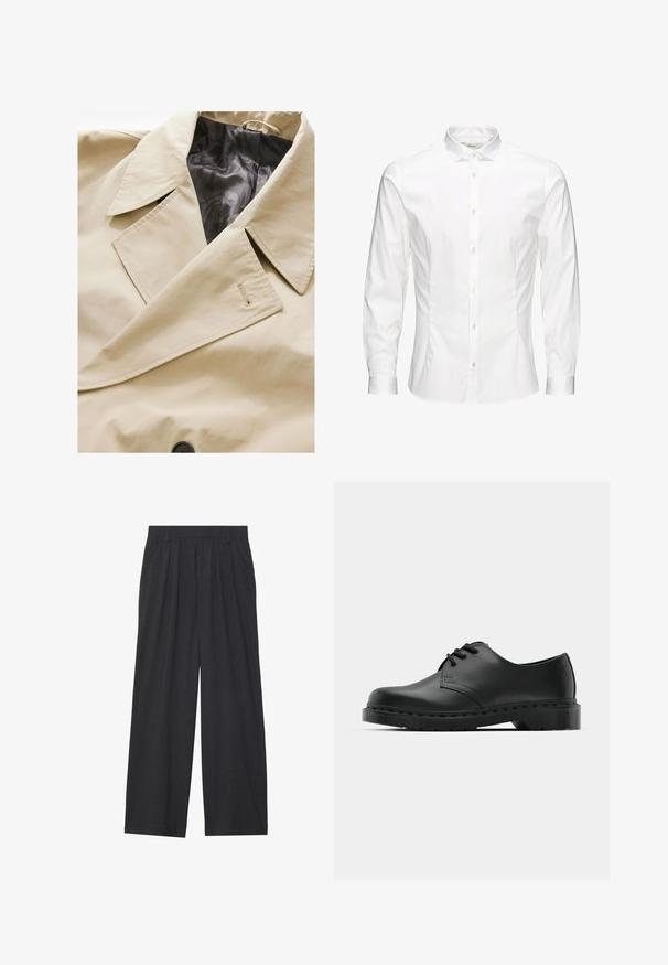 Beige dubbelknäppt kappa med stor krage, svart satinfoder och framträdande knappstängning. Inkluderar en subtil tygtextur.; Vit långärmad skjorta med knappar gjord av mjukt tyg. Har en klassisk krage, framknappar och ärmändar med en knapp. Slim fit-design.; Vidbyxorna är tillverkade av mörkgrått tyg. De har veck i midjan, en skräddarsydd design och en rak silhuett.; Svart lädersko i oxford-stil med snörningsdesign, rund tå, platt gummisula och subtila sömdetaljer längs ovandelen.