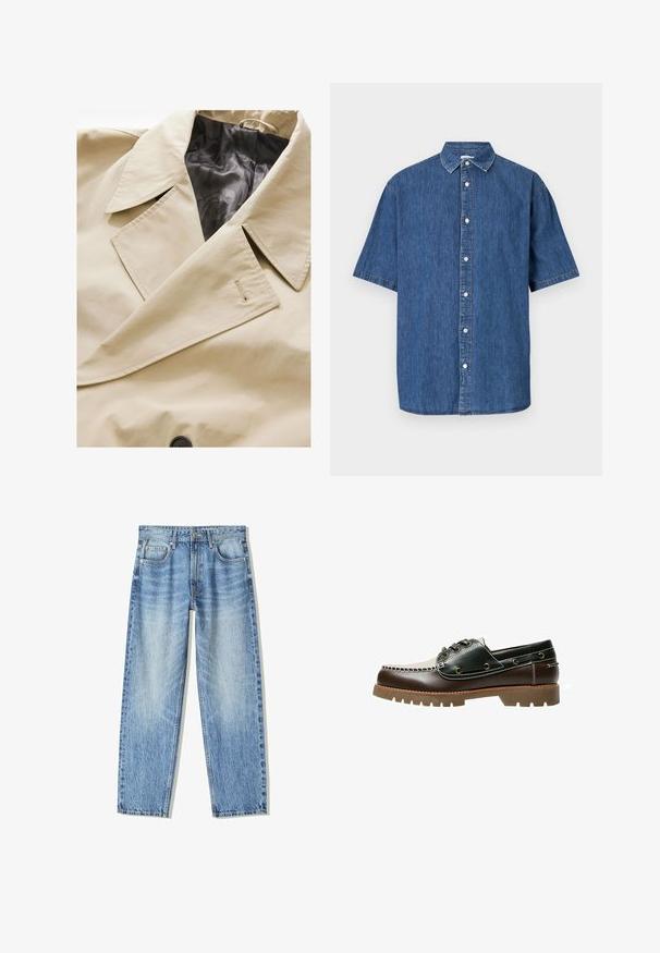 Beige kaksirivinen takki, jossa on suuri kaulus, musta satiinivuori ja näkyvä nappikiinnitys. Sisältää hienostuneen kankaan tekstuurin yksityiskohdan.; T-paita hihanen farkkupaita tummansinisenä. Siinä on napitus edessä, klassinen kaulus ja ommeltu yksityiskohta reunojen ympärillä.; Vaaleansinisiä farkkuja, joissa on väljä istuvuus, suoralahkeinen muotoilu, viisi taskua ja haalistunut pinta. Sisältää edessä napin ja vetoketjun.; Ruskea ja vihreä nahkaveneilykenkä, jossa on valkoinen ompelukuvio, pyöreät nauhat ja uurrettu kumipohja. Kestävä rakenne metallikauluksilla.