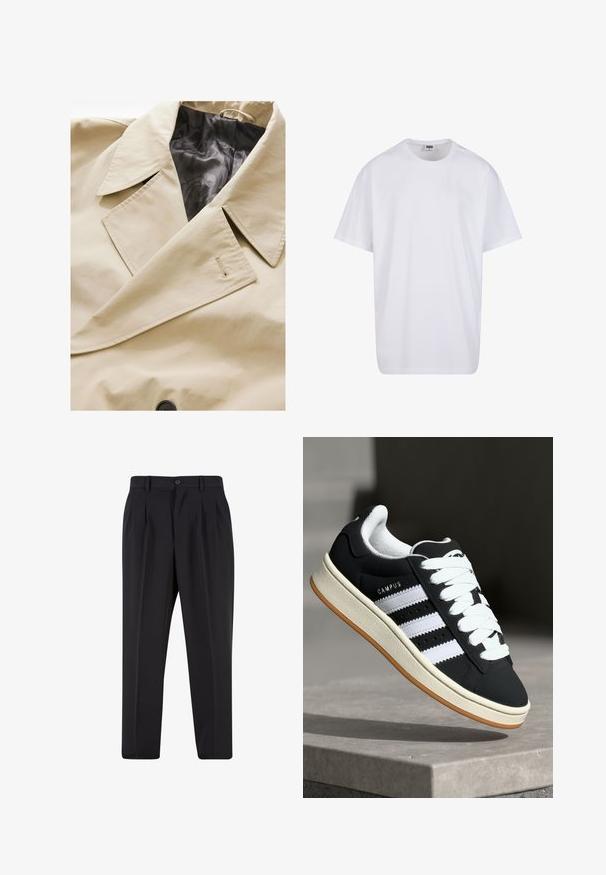 Beige double-breasted coat with a large collar, black satin lining, and a prominent button closure. Includes a subtle fabric texture detail.; White cotton t-shirt with short sleeves, rounded neckline, relaxed fit, and no visible logos or patterns. Smooth texture and minimal design.; Black trousers with a pleated front design, made from smooth fabric. Features a button closure and belt loops; straight-leg fit.; Black sneaker with white stripes, lace-up design, textured upper, and rubber sole. Features "CAMPUS" logo on the side and gum outsole.